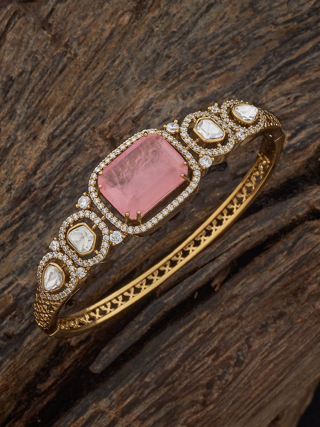 

Kushal's Fashion Jewellery Pink Victorian-Plated Cubic Zircon -Studded Bangle, Gold