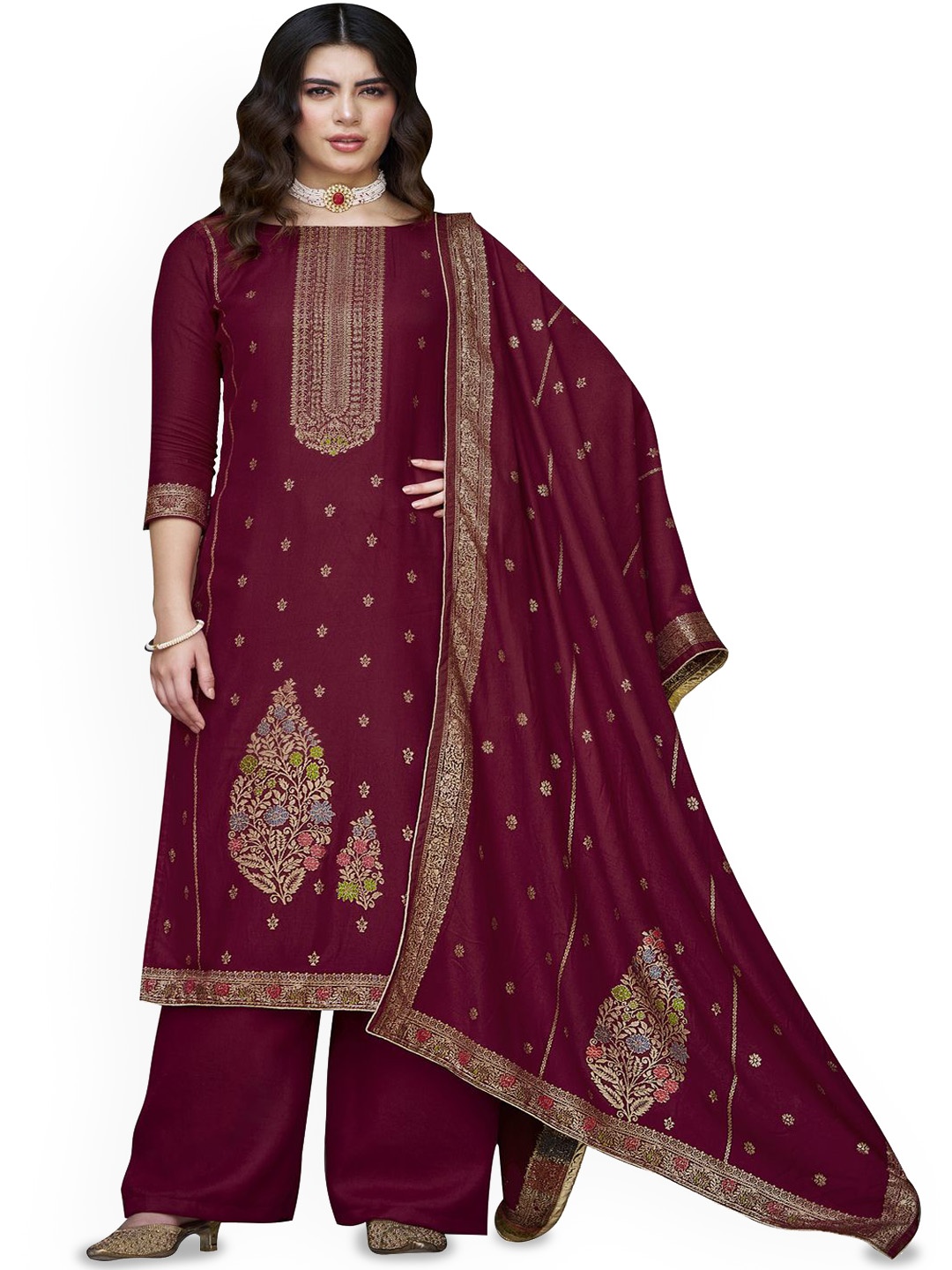 

DRAVINAM Trends Floral Printed Pashmina Unstitched Dress Material, Red