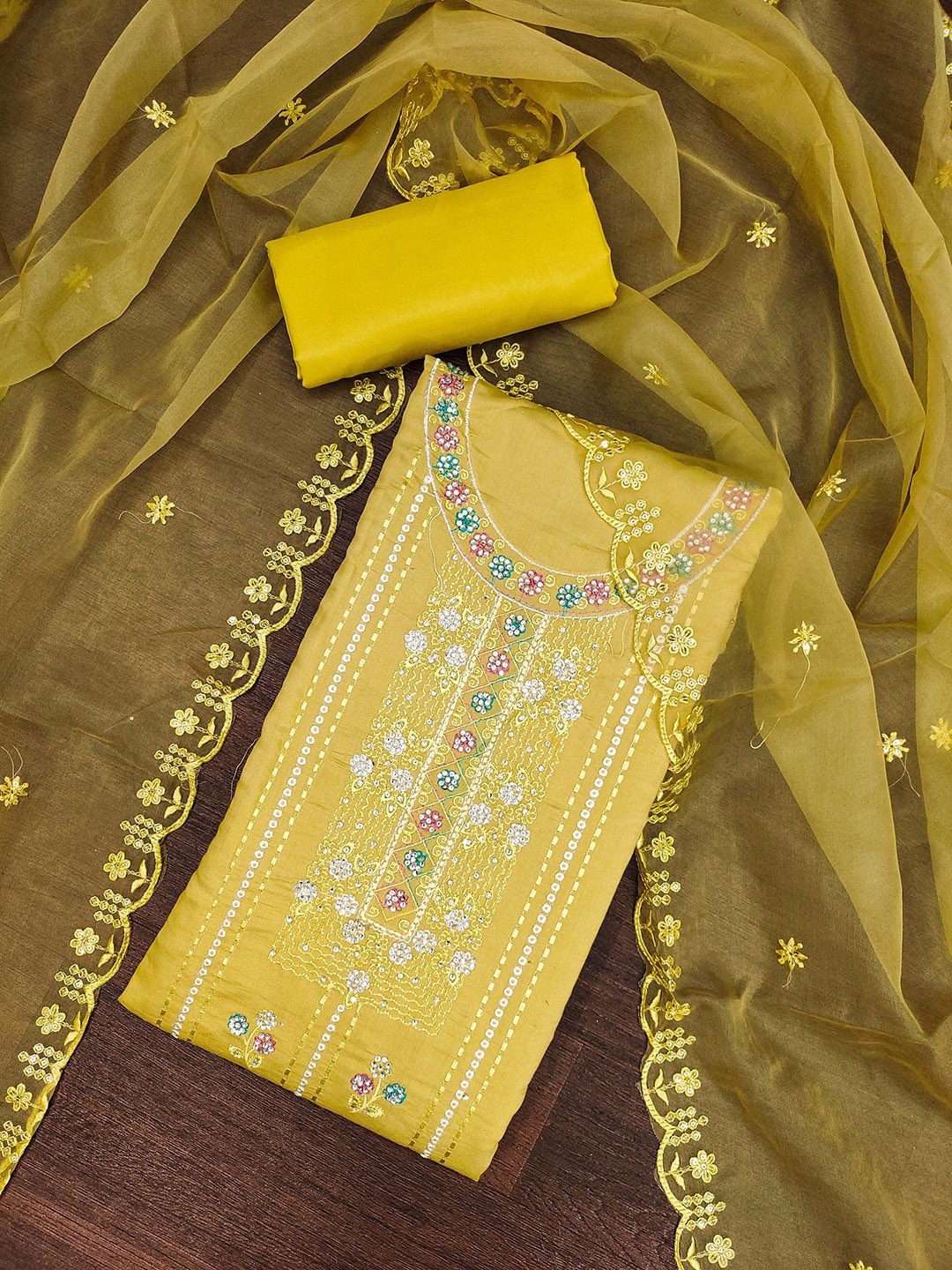 

KALINI Embroidered Pure Silk Unstitched Dress Material, Yellow
