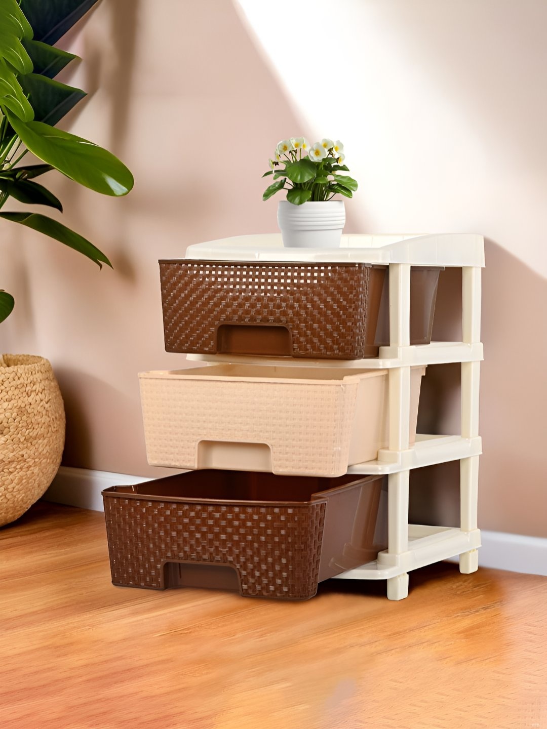 

Kuber Industries Brown and White Textured 3-Layer Modular Storage Drawer