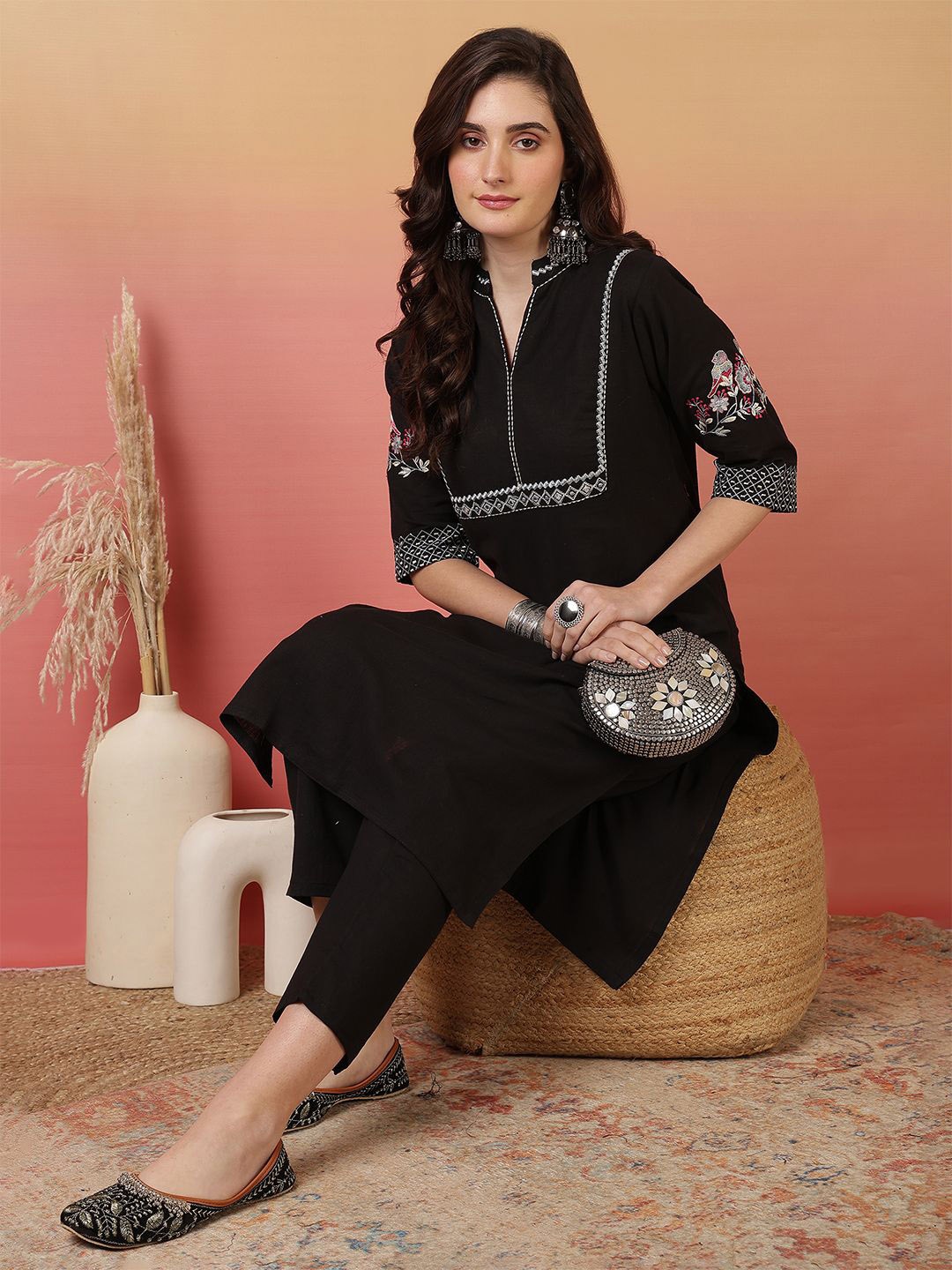 

Sangria Black Floral Embroidered Mandarin Collar Pure Cotton Straight Kurta With Trousers