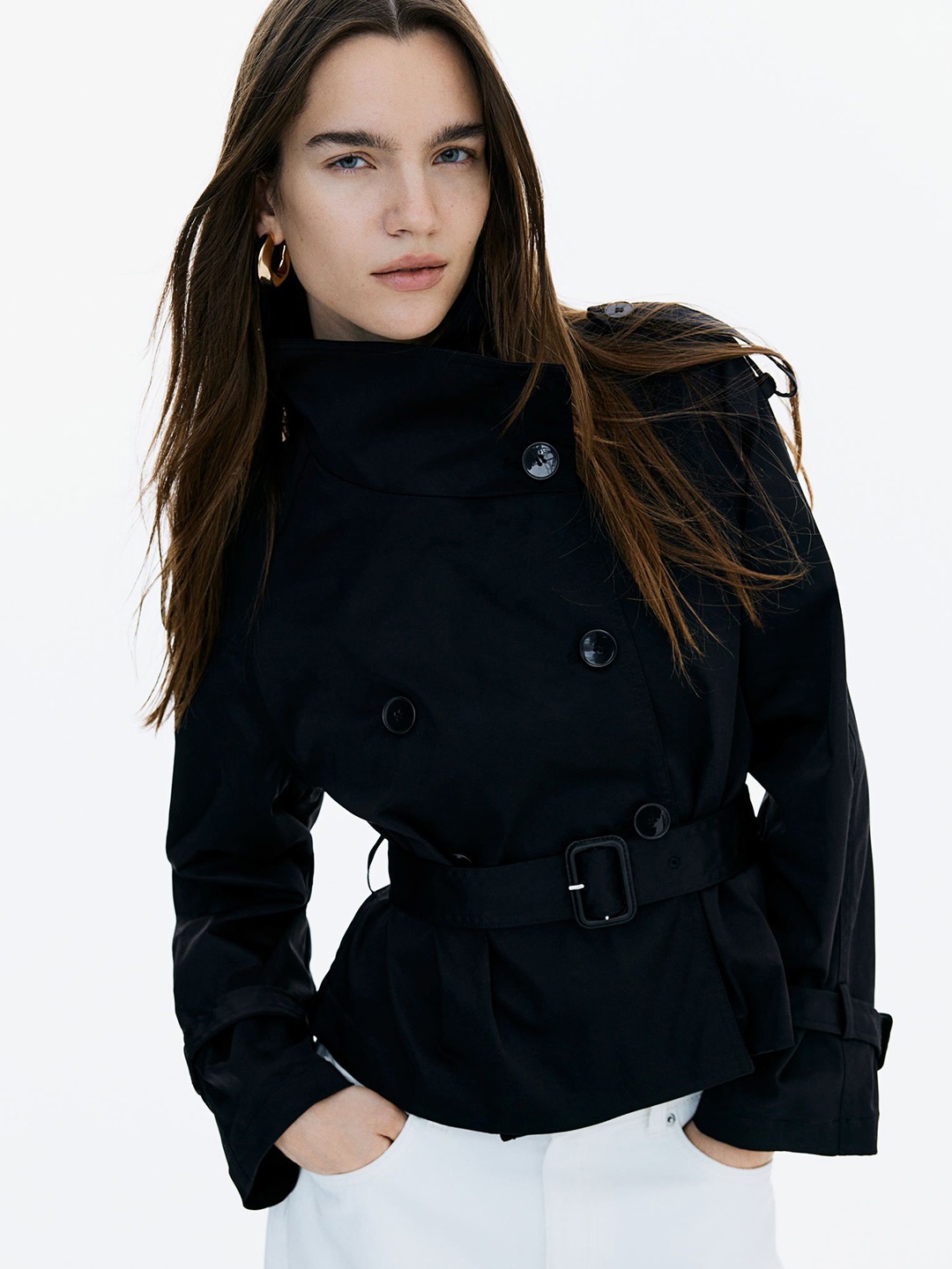 

H&M Women Short Twill Trench Coat, Black