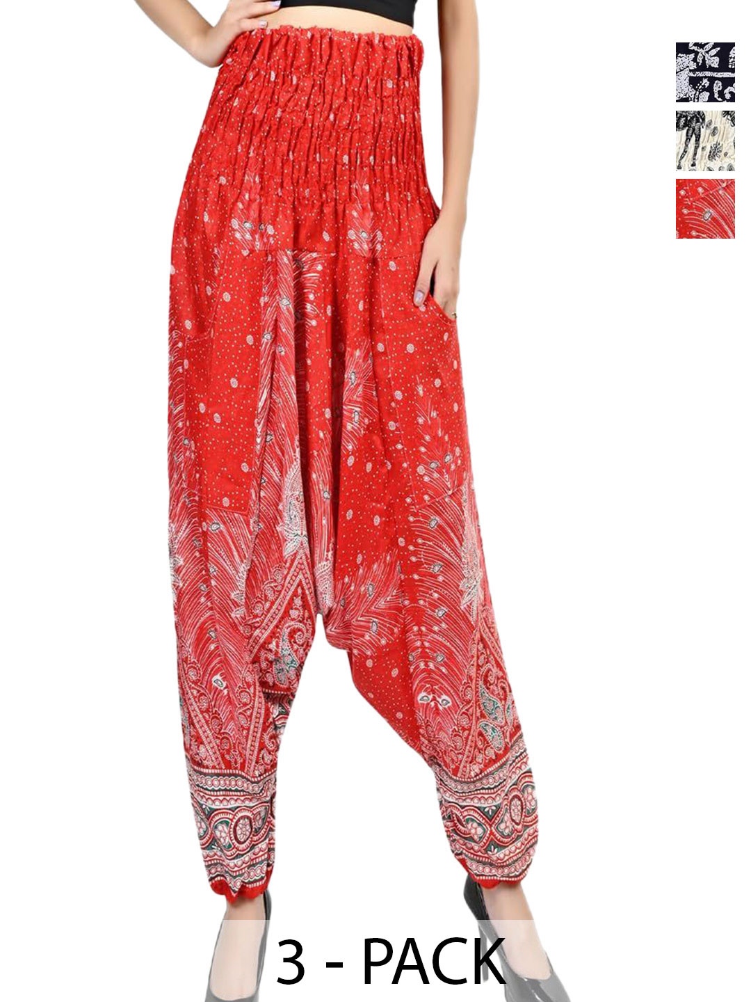 

NarNari Women Pack Of 3 Printed Loose-Fit Harem Pants, Red