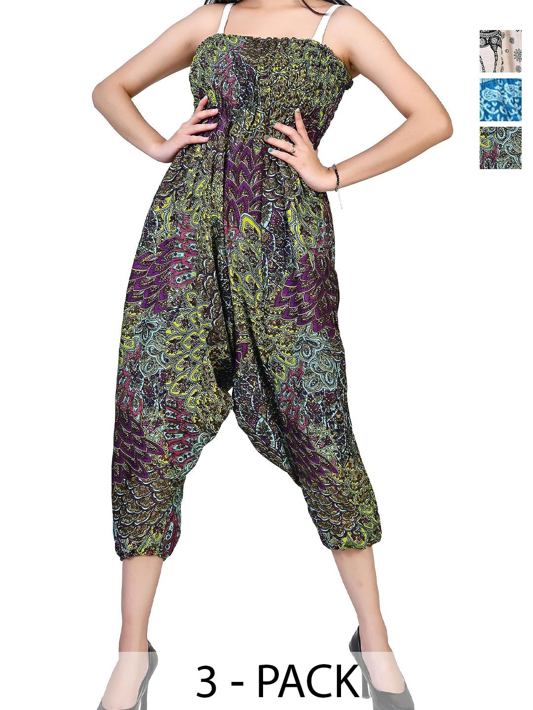 

NarNari Women Pack Of 3 Printed Mid-Rise Harem Pants, Green