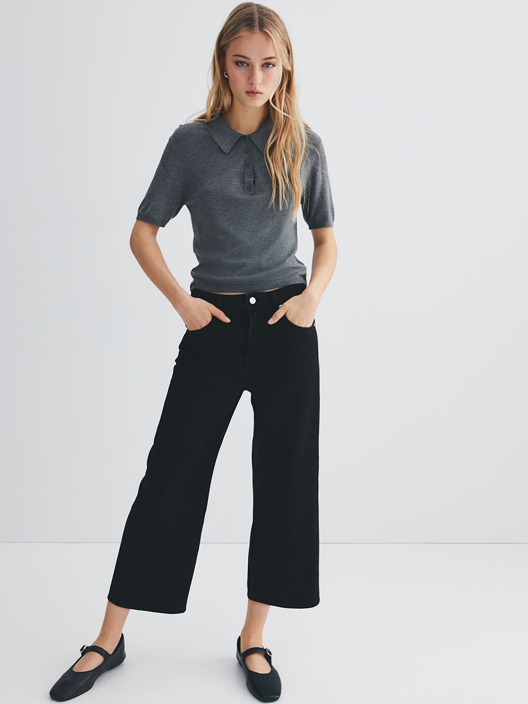 

H&M Wide High Cropped Jeans, Black