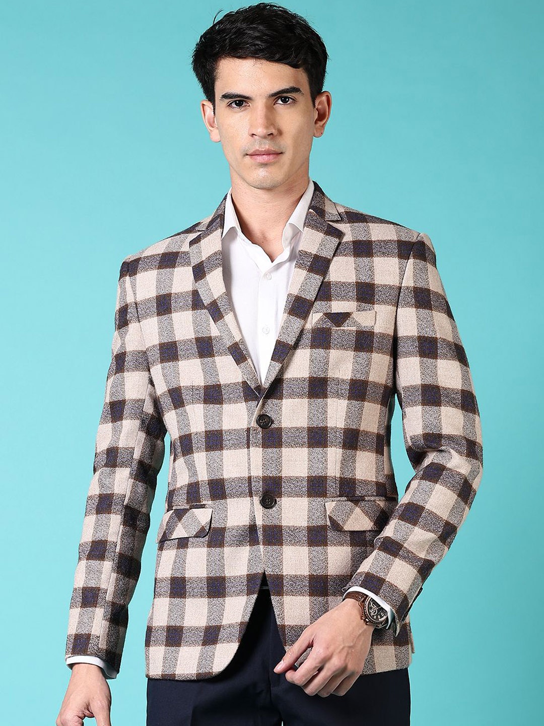 

V-Mart Checked Cotton Notched Lapel Collar Single Breasted Blazer, Brown