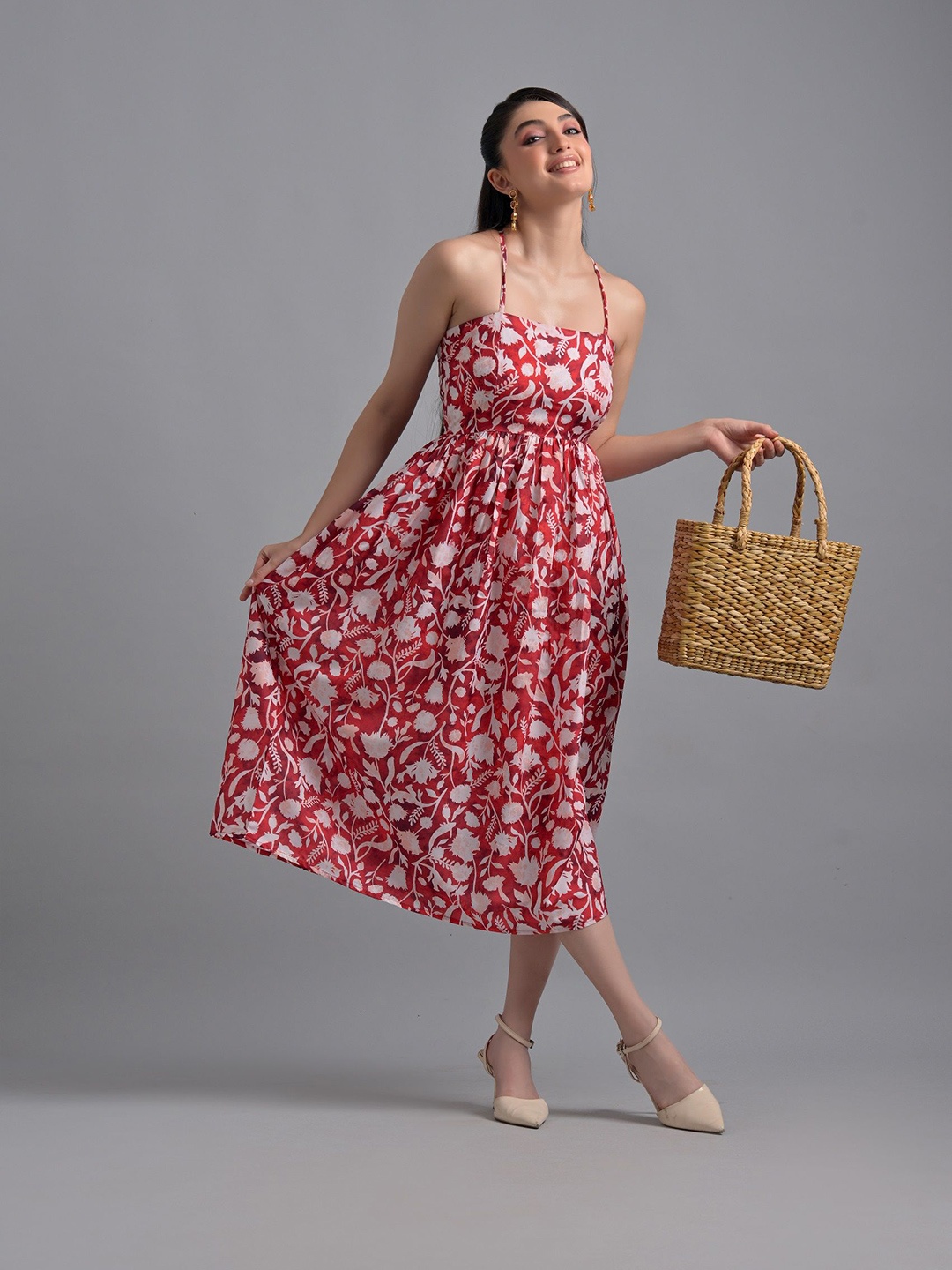 

GARDEN PARTY Ruffled Fit & Flare Maxi Dress, Red