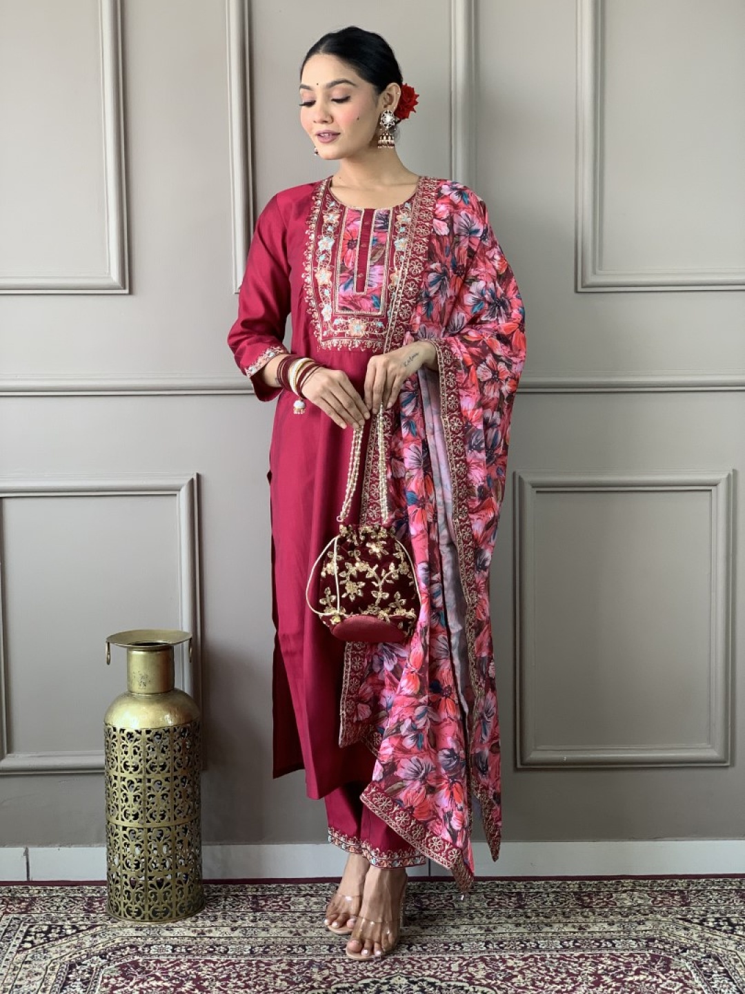 

Moda Rapido Women Floral Embroidered Regular Thread Work Chanderi Silk Kurta with Trousers & With Dupatta, Burgundy