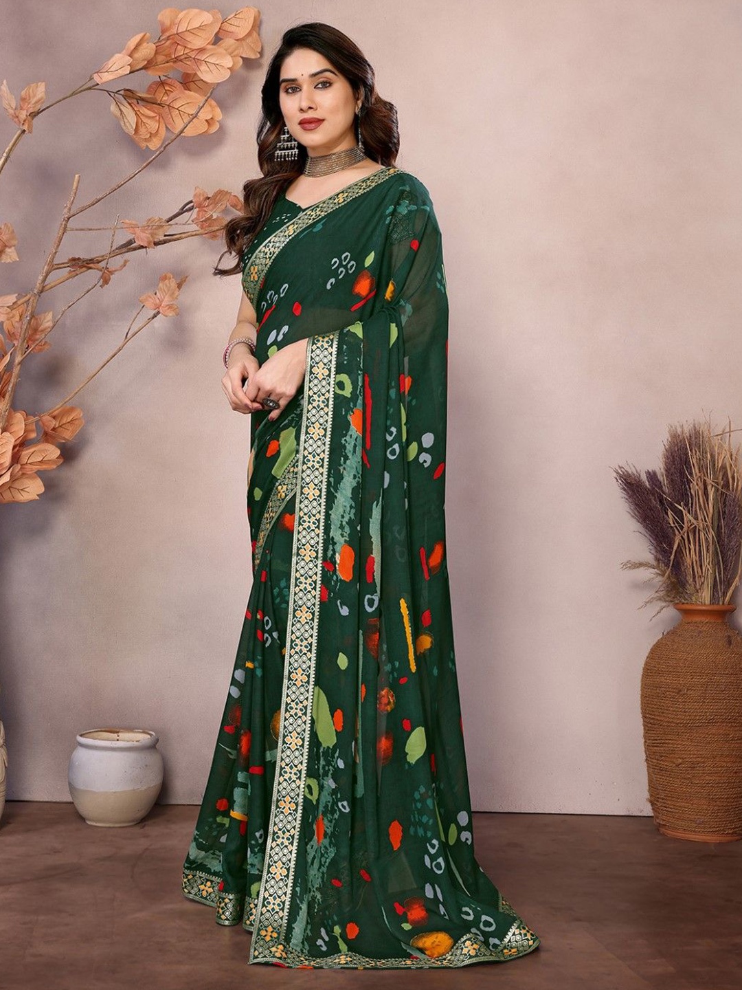 

KALINI Zari Poly Georgette Bandhani Saree, Green