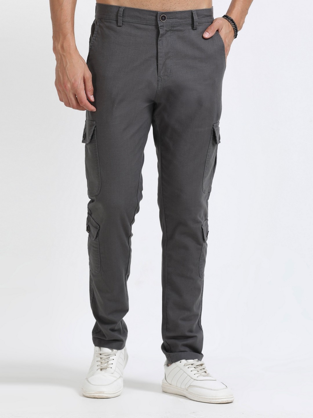 

NEVER NEUD Men Relaxed Lazy Linen Utility Cargos Trousers, Grey