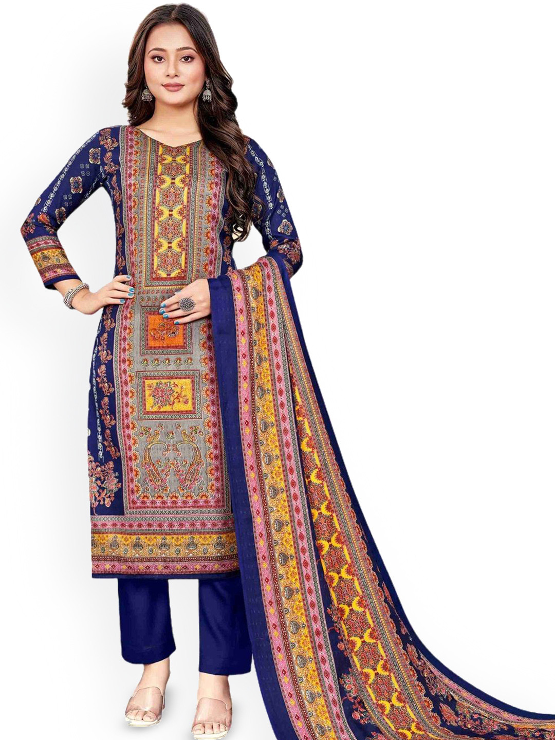 

DRAVINAM Trends Ethnic Motifs Printed Unstitched Dress Material, Blue
