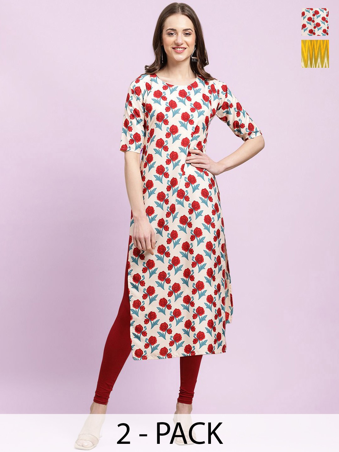 

Moda Rapido White & Yellow Selection Of 2 Floral Printed Straight Kurtas