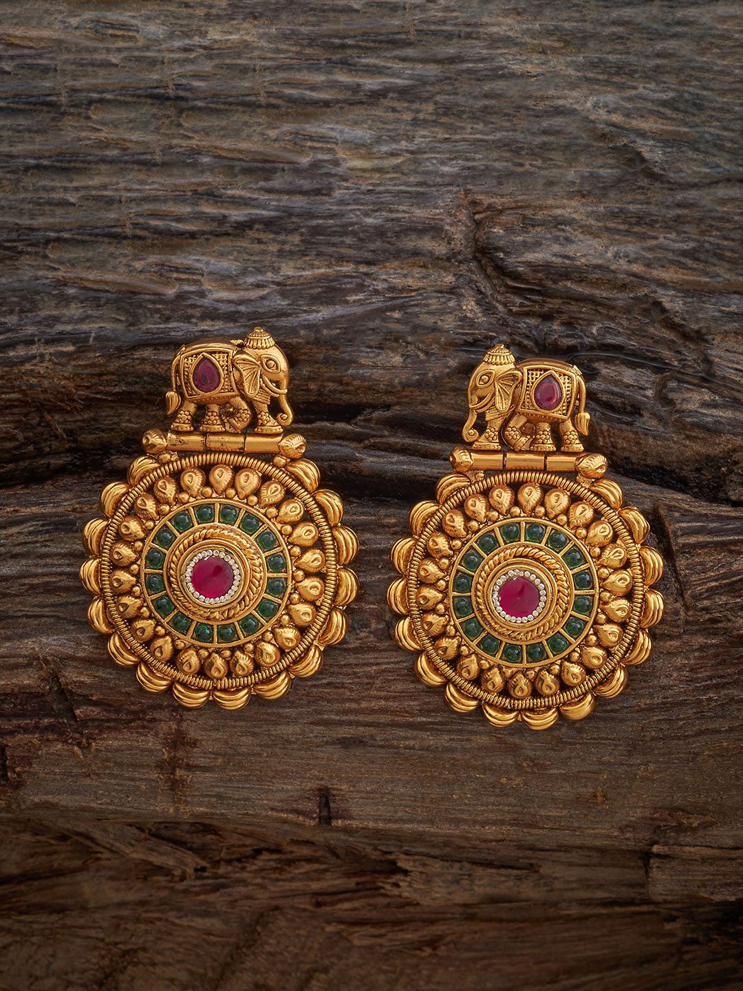 

Kushal's Fashion Jewellery Ruby-Green Gold-Plated Contemporary Antique Drop Earrings