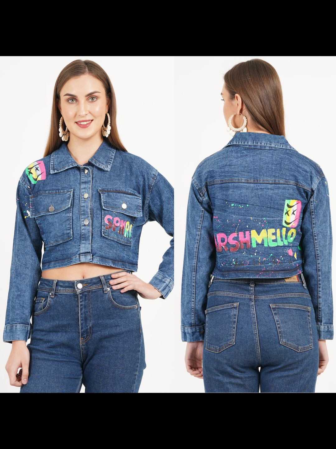 

Lahaba Women Typography Crop Denim Jacket, Blue