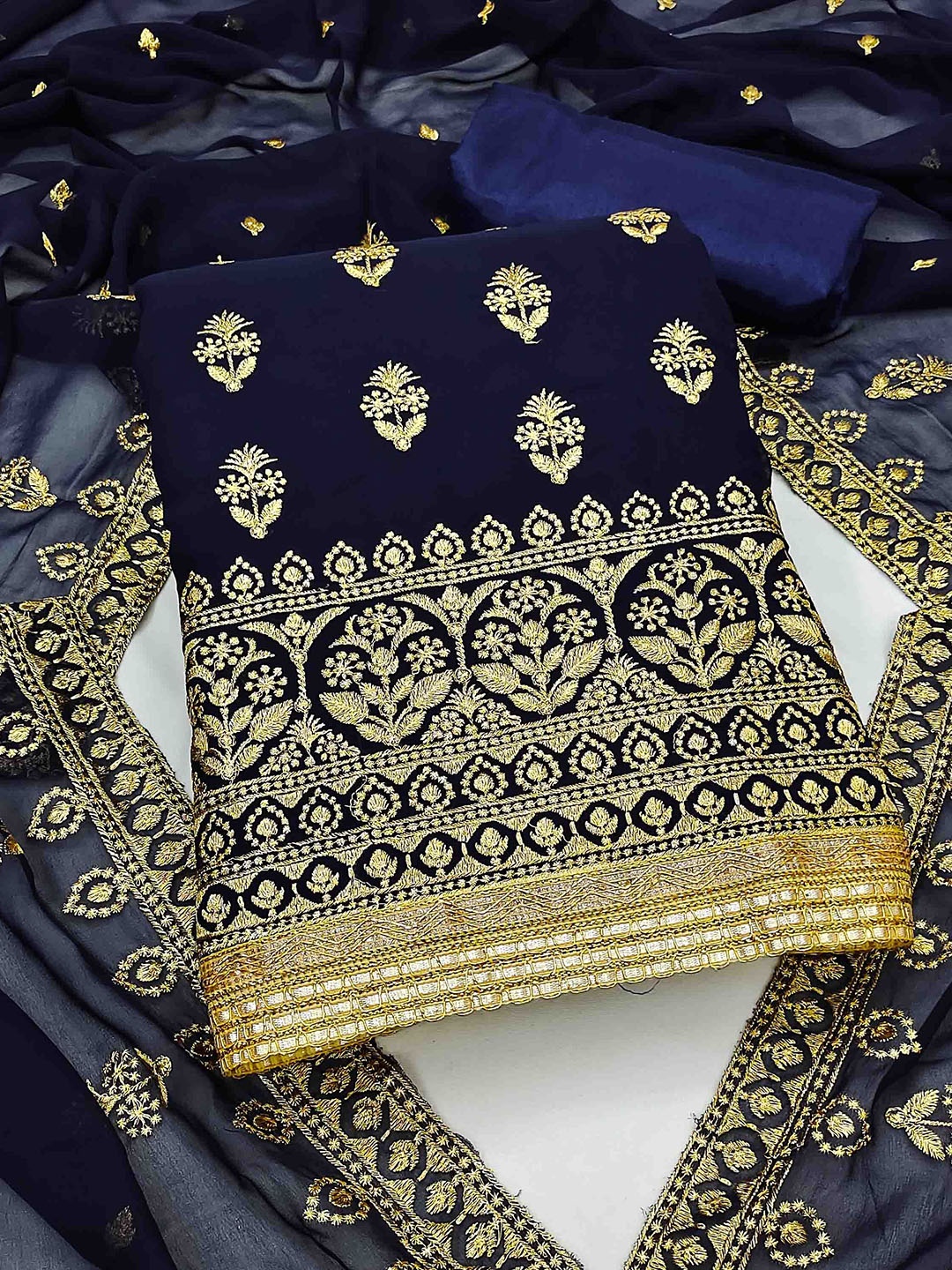 

KALINI Embroidered Unstitched Dress Material, Navy blue