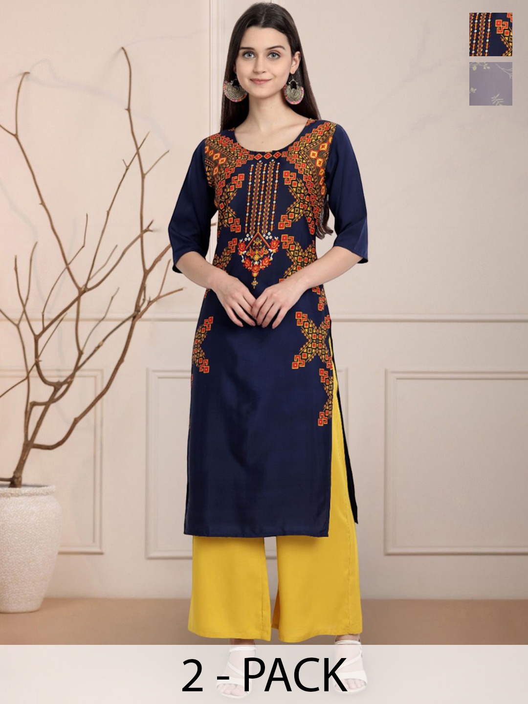 

Moda Rapido Navy Blue & Grey Selection Of 2 Ethnic Motifs Printed Straight Kurtas
