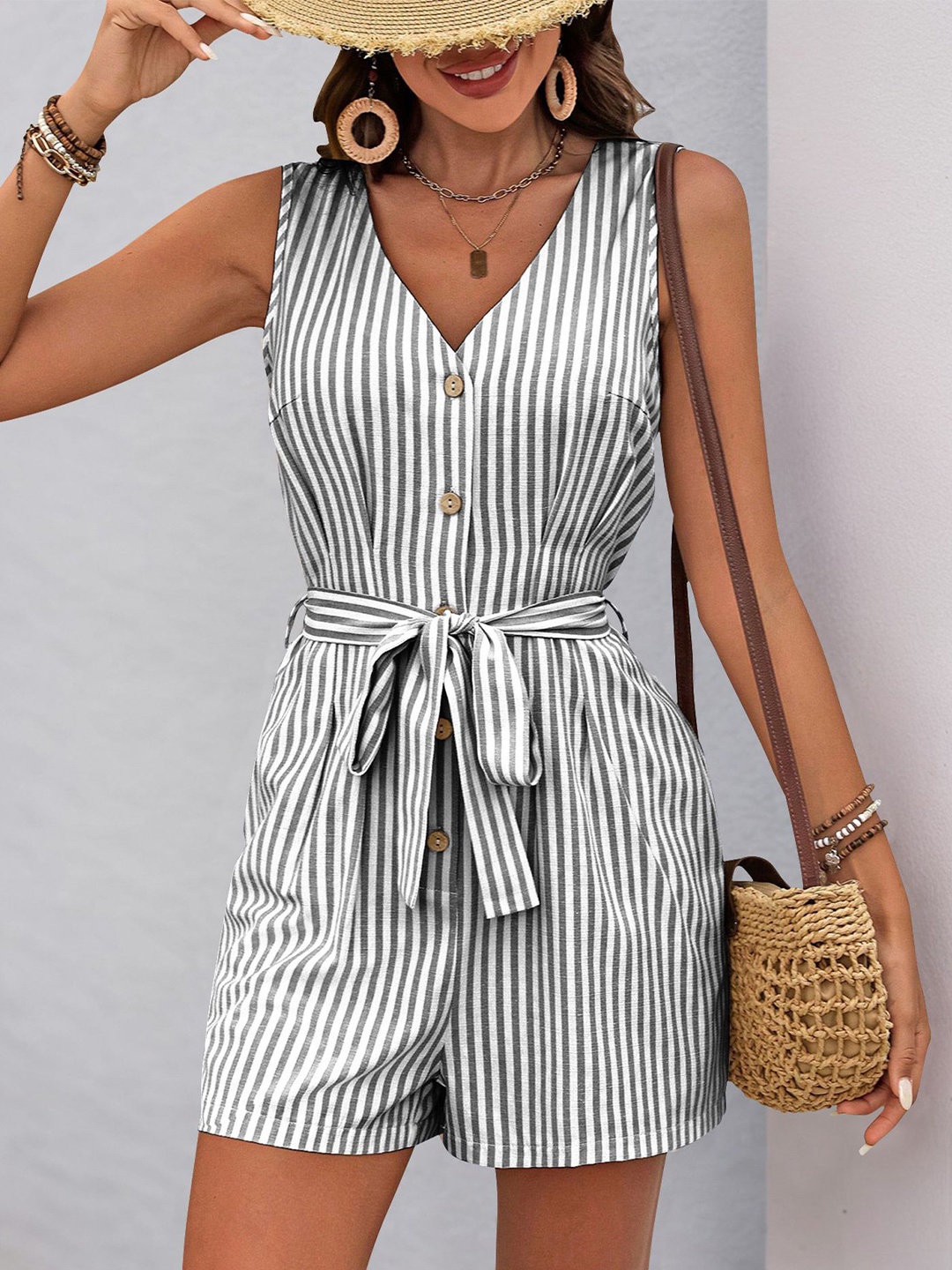 

StyleCast x Revolte Striped Jumpsuit, Grey