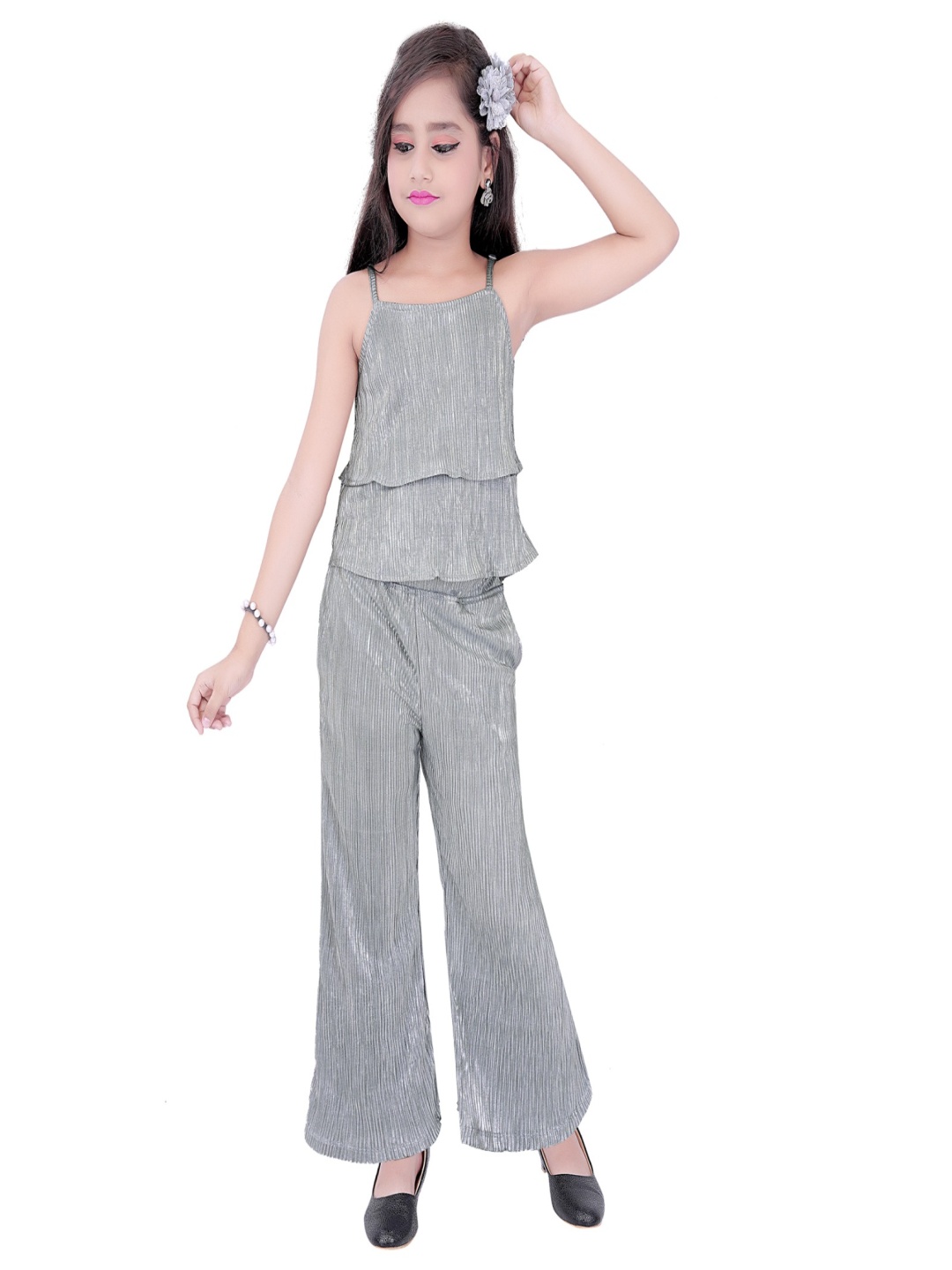 

ZACKBEE Girls Striped Shoulder Strap Top With Trouser, Silver