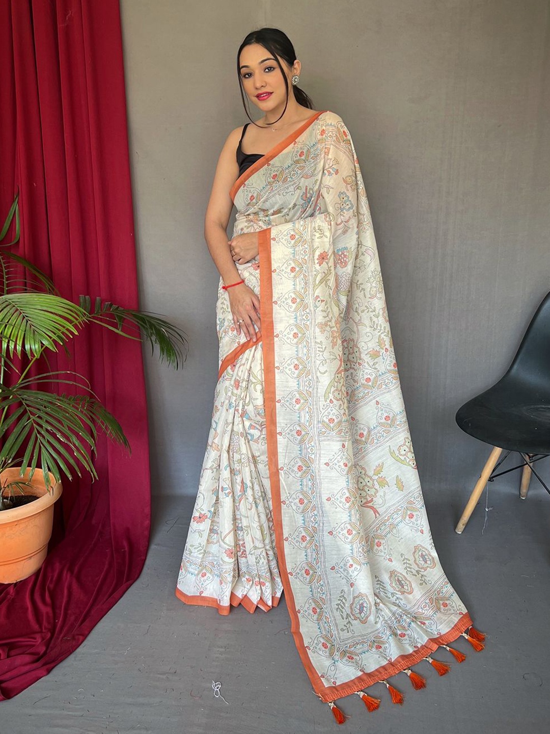 

TORONFRAS Floral Pure Cotton Chanderi Saree, Orange