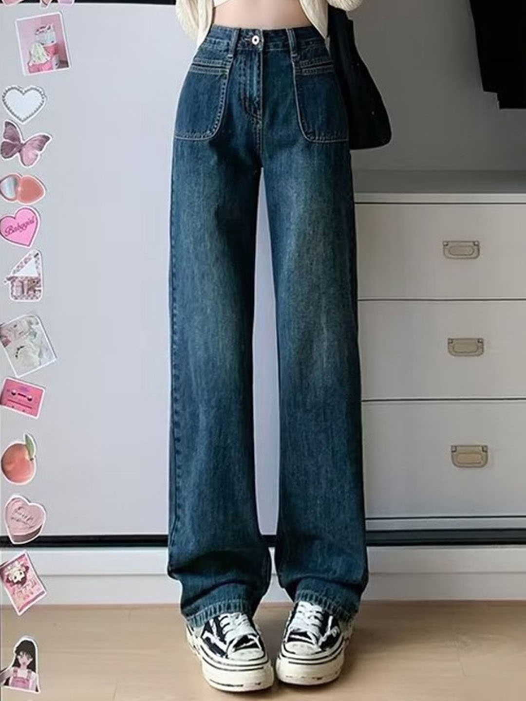 

bebe Women Wide Leg High-Rise Light Fade Cotton Jeans, Navy blue