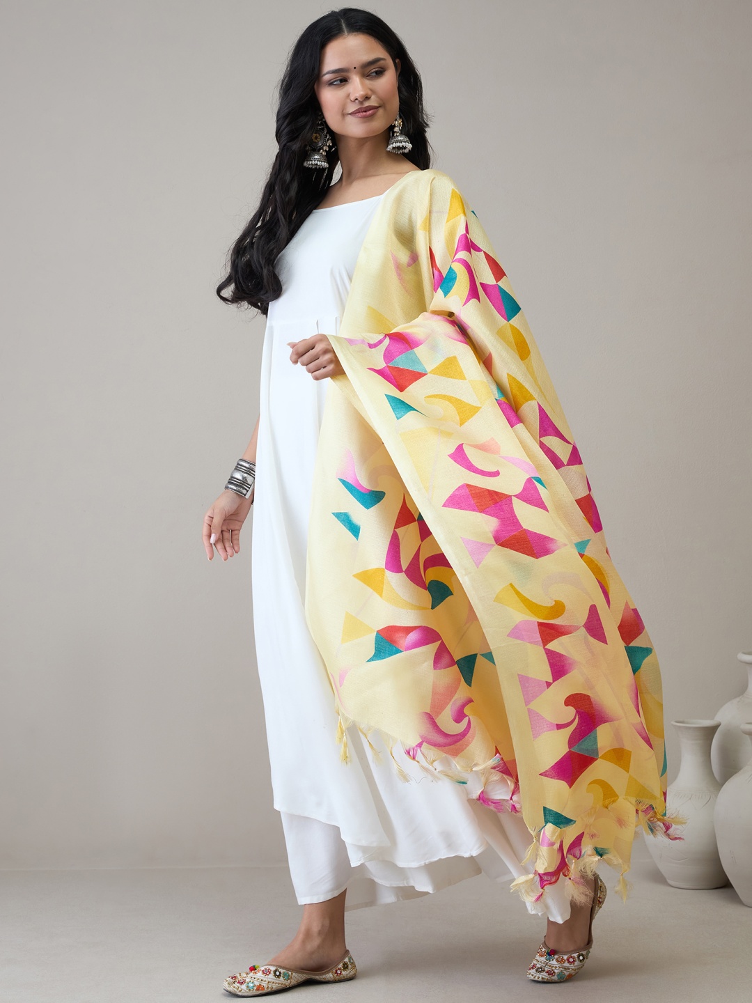 

InWeave Women Pleated Kurta with Trousers & With Dupatta, White