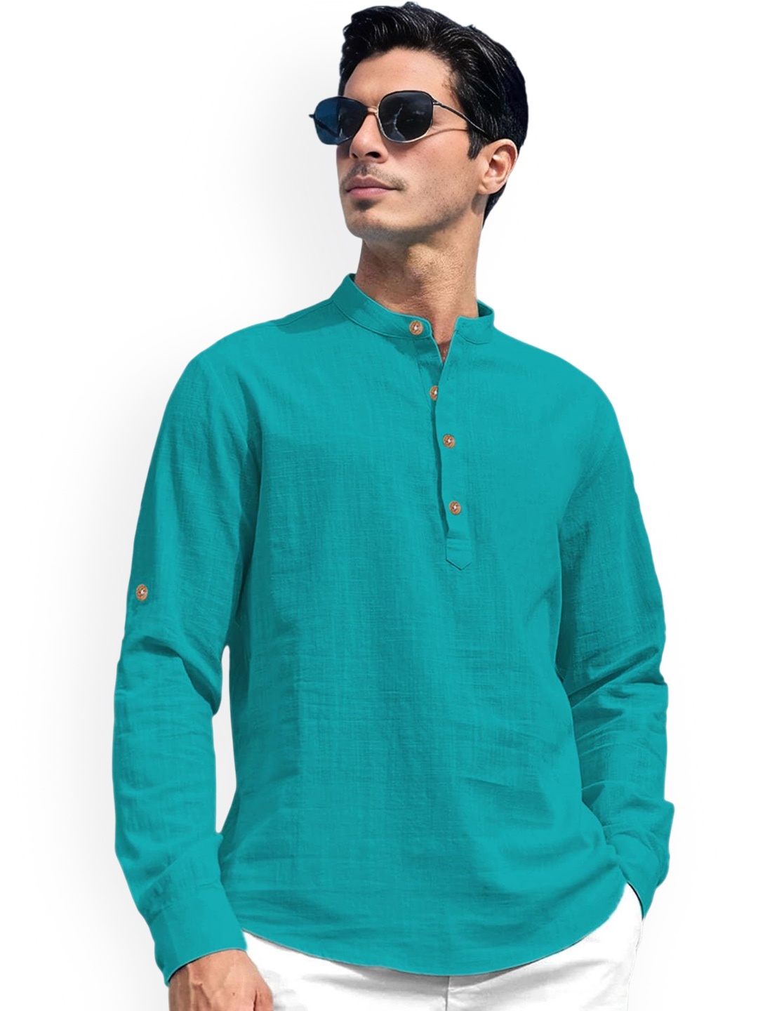 

Vida Loca Band Collar Pure Cotton Straight Kurta, Turquoise blue