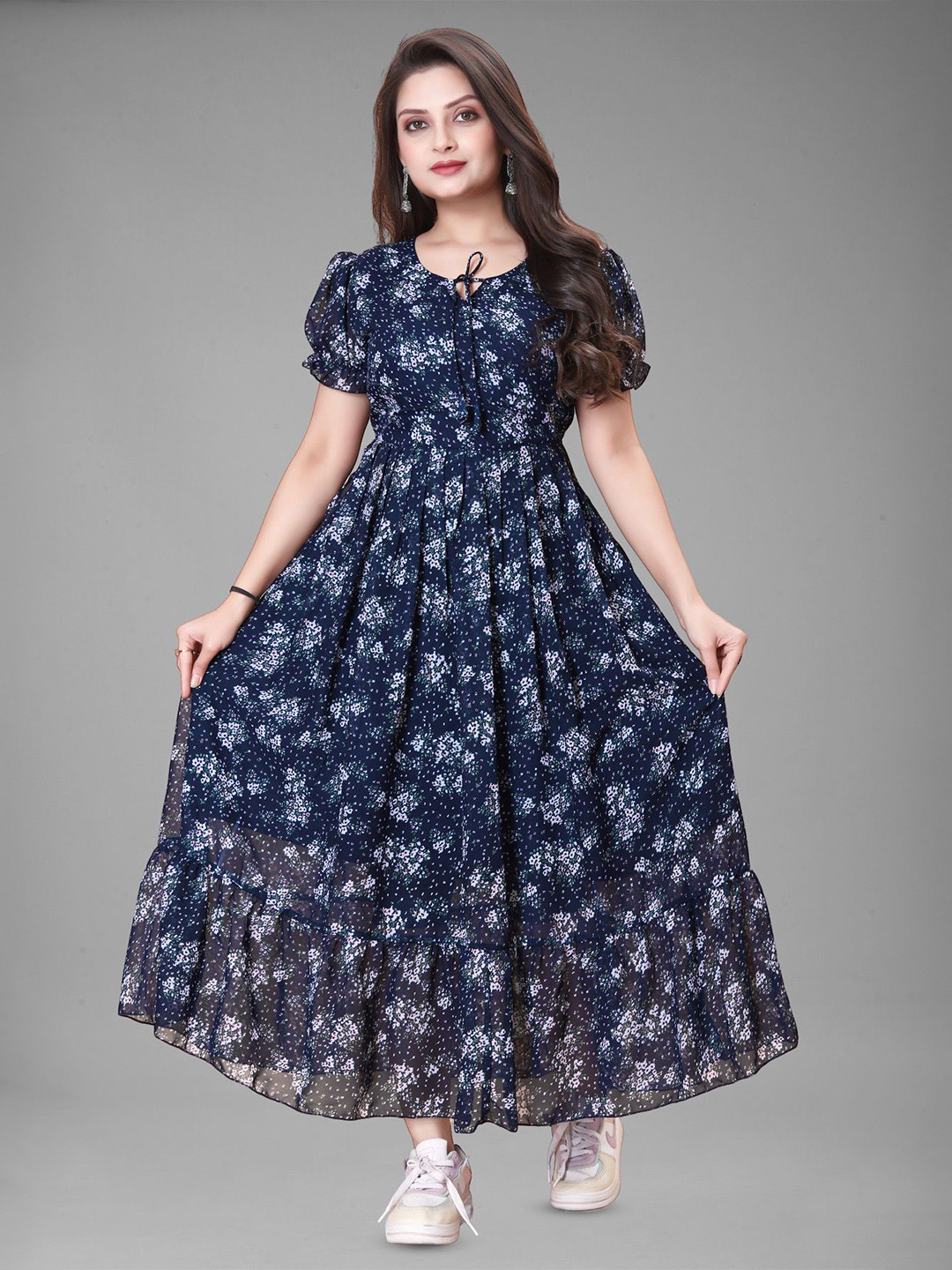 

KRISHTI CREATION Floral Print Puff Sleeve Georgette Fit & Flare Maxi Dress, Blue