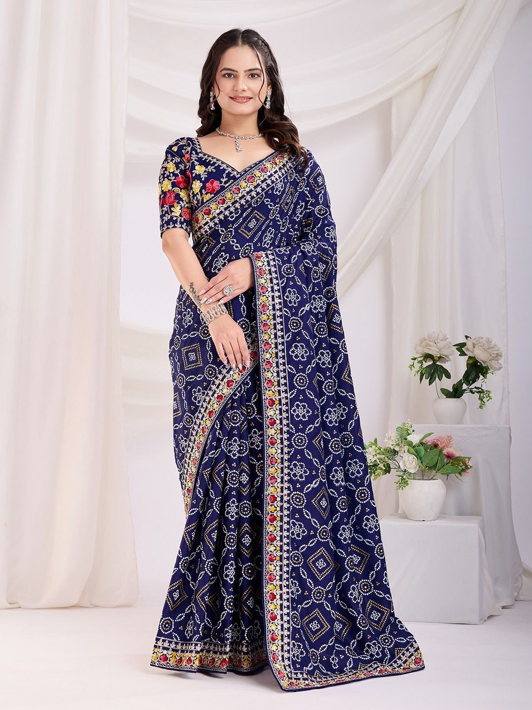 

VenderVilla Bandhani Embroidered Silk Blend Saree, Navy blue