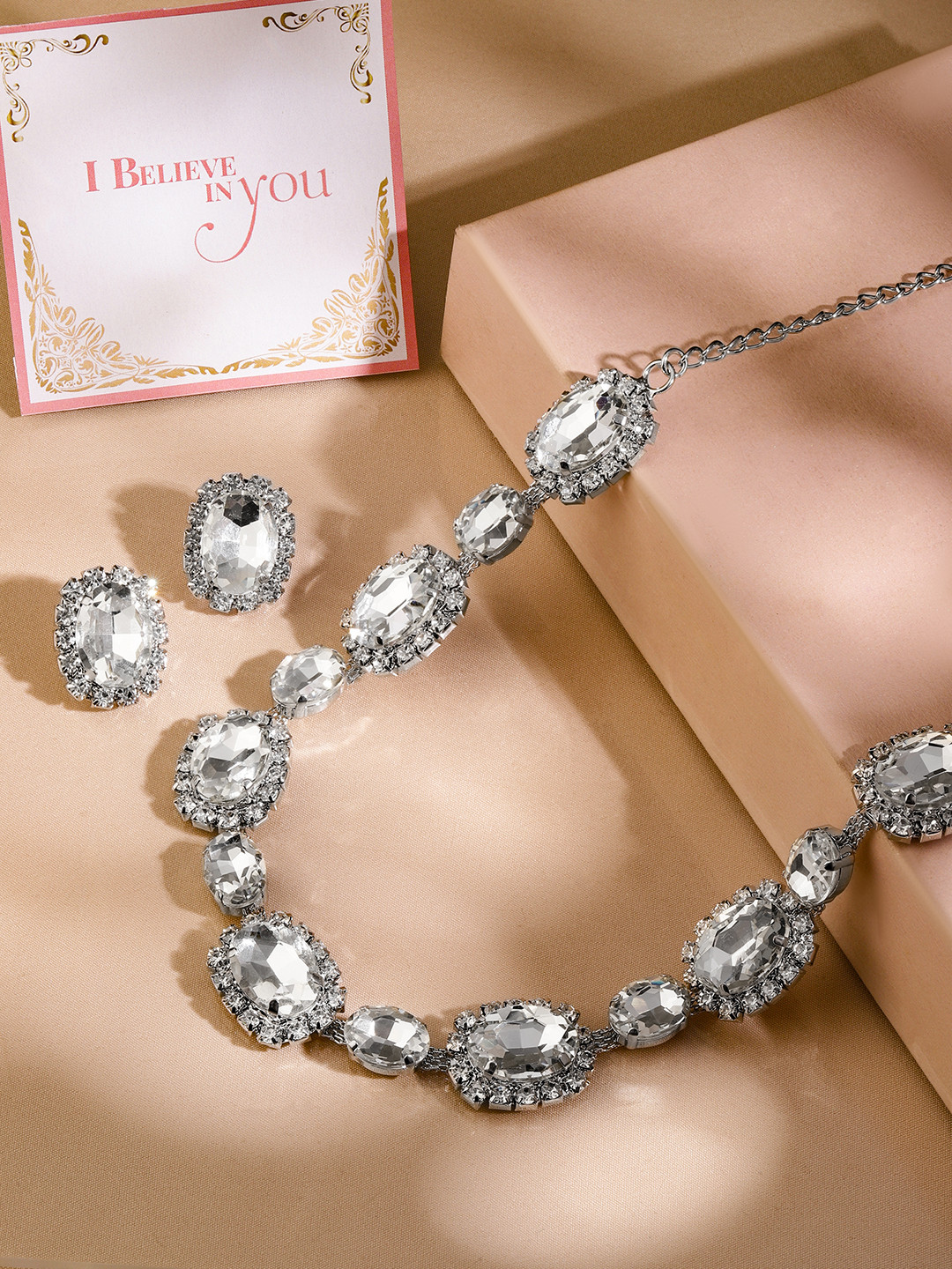 

Rubans Valentine's Rhodium Plated Crystal AD & Zirconia Studded Regal Necklace Set, Silver