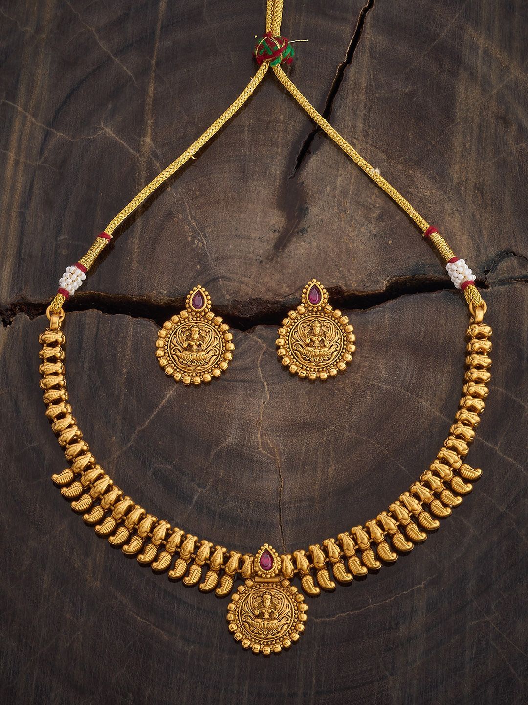 

Kushal's Fashion Jewellery Gold-Plated Stone-Studded Lakshmi Goddess Antique Jewellery Set