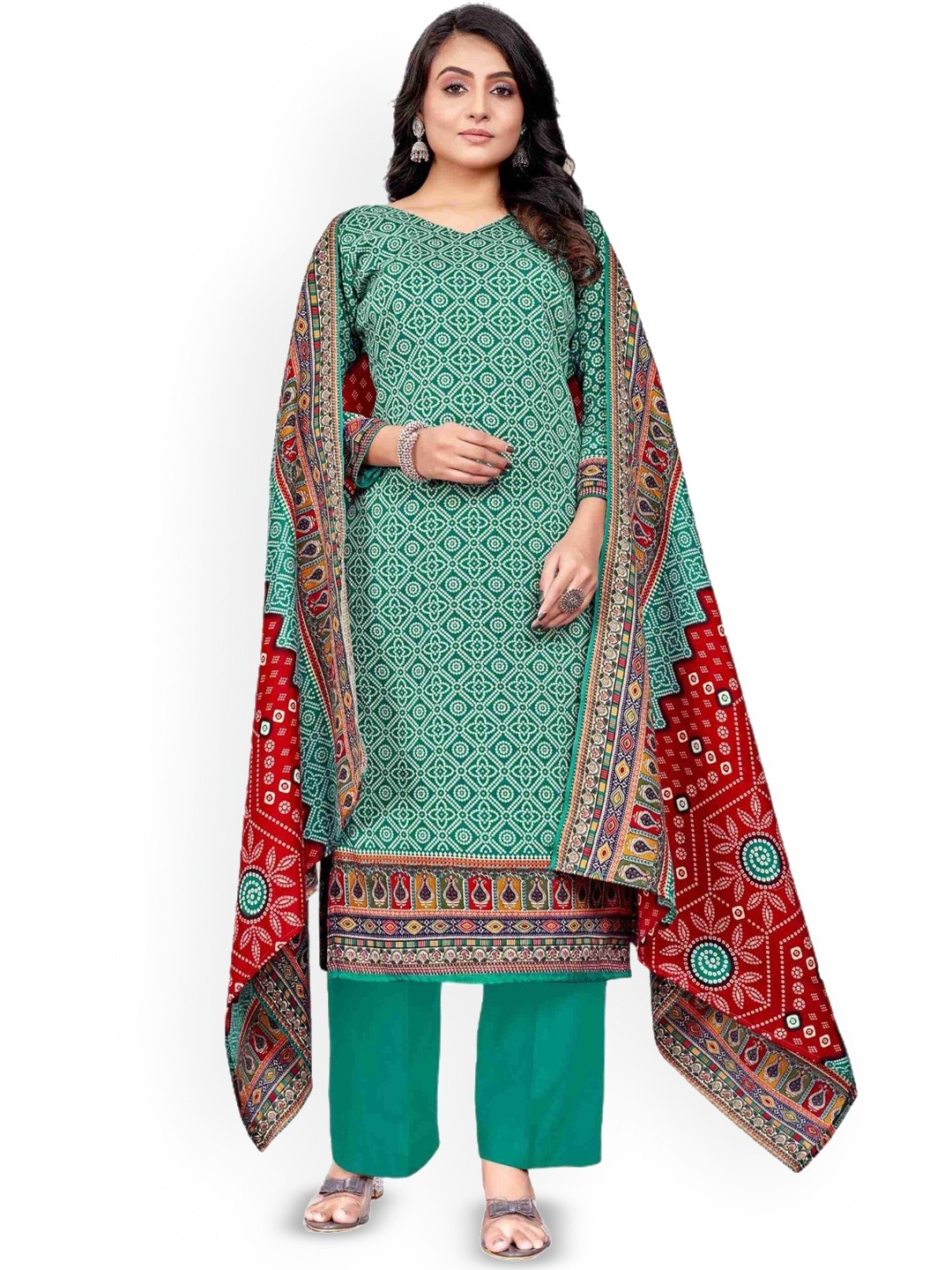 

DRAVINAM Trends Bandhani Printed Pashmina Unstitched Dress Material, Green