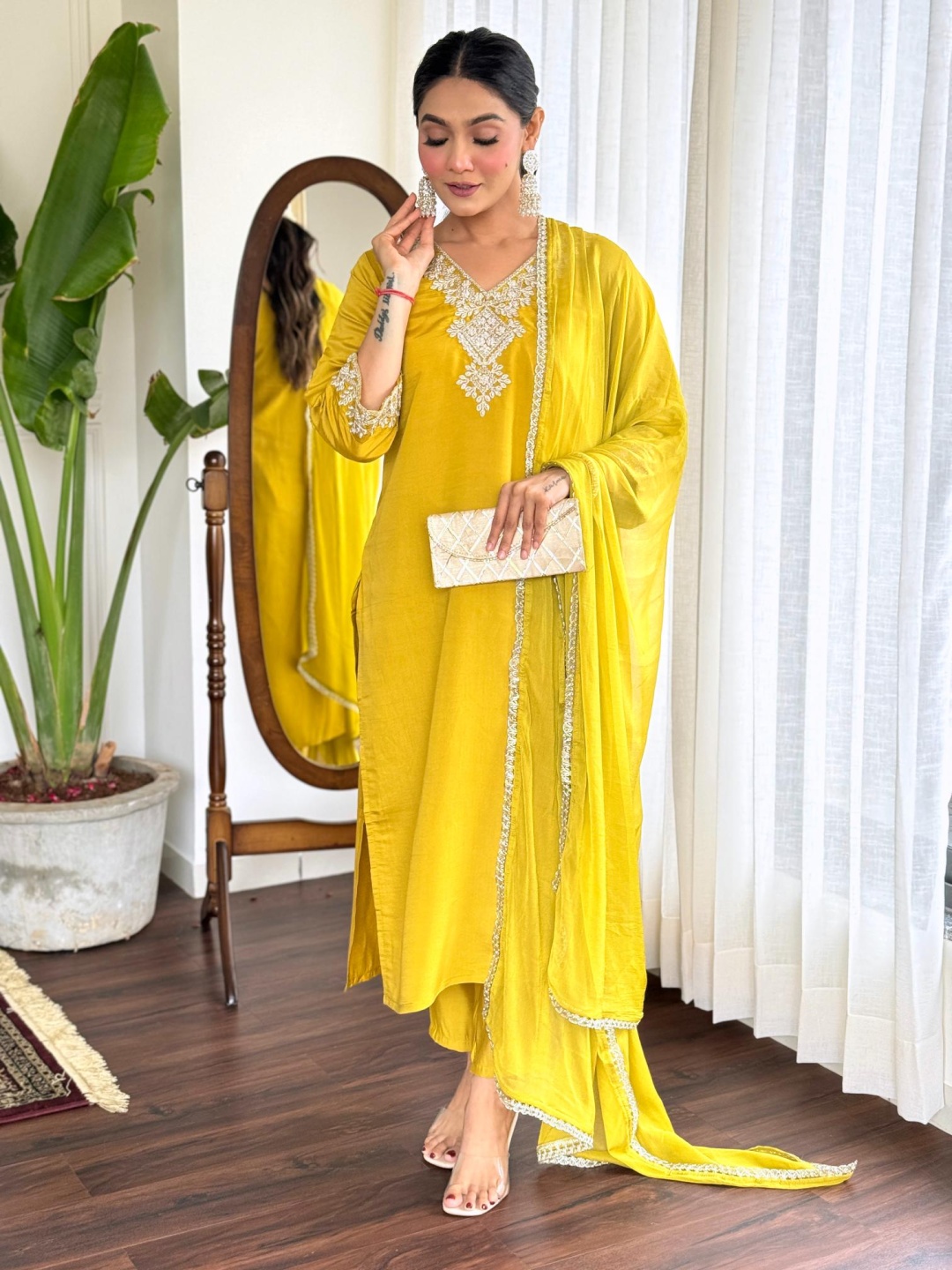 

Moda Rapido Women Embroidered Regular Thread Work Chanderi Silk Kurta with Trousers & With Dupatta, Yellow