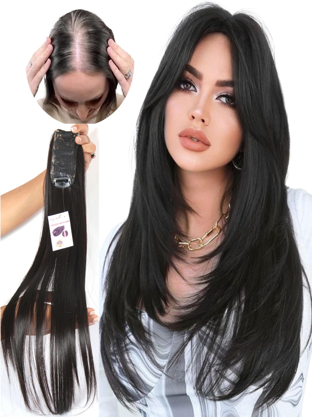 

RITZKART Clip In Straight Scalp Topper Hair Extension - Dark Brown - 20 Inch, Black