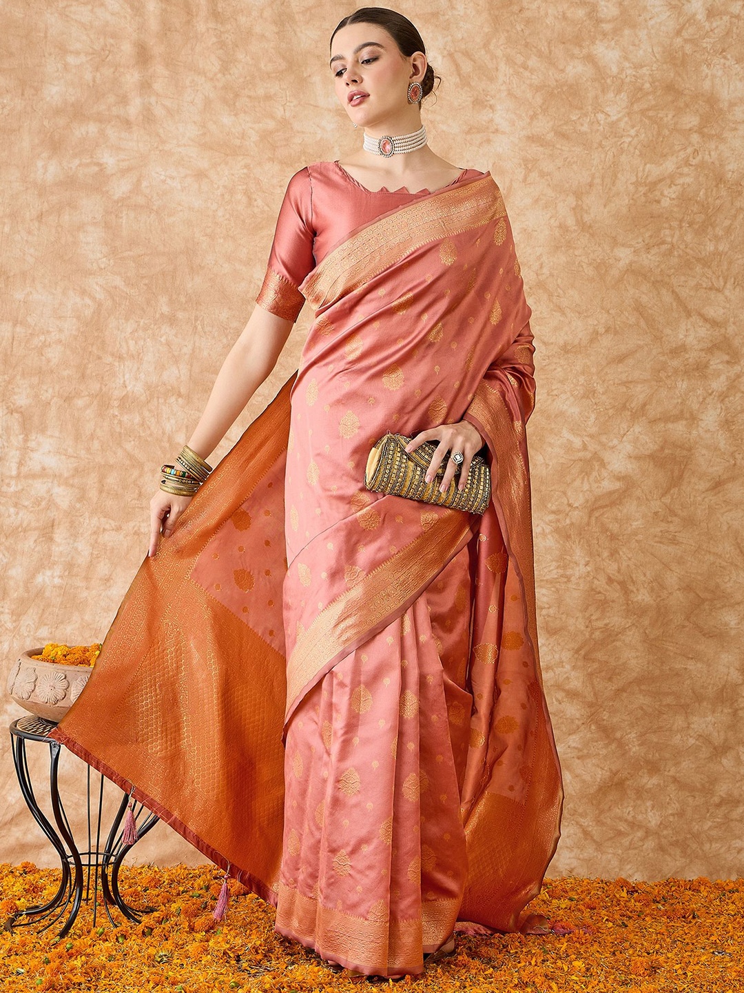 

DEVATITHI Peach Banarasi Silk Saree