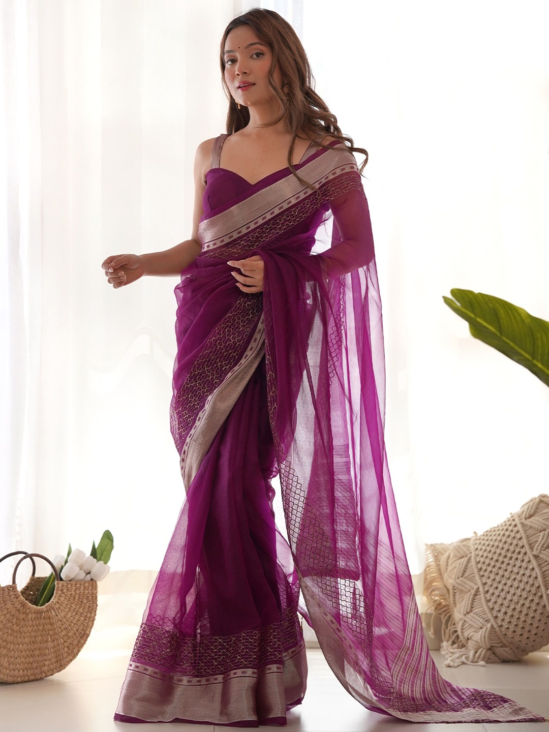 

J.KANJI Embellished Zardozi Organza Khadi Saree, Magenta