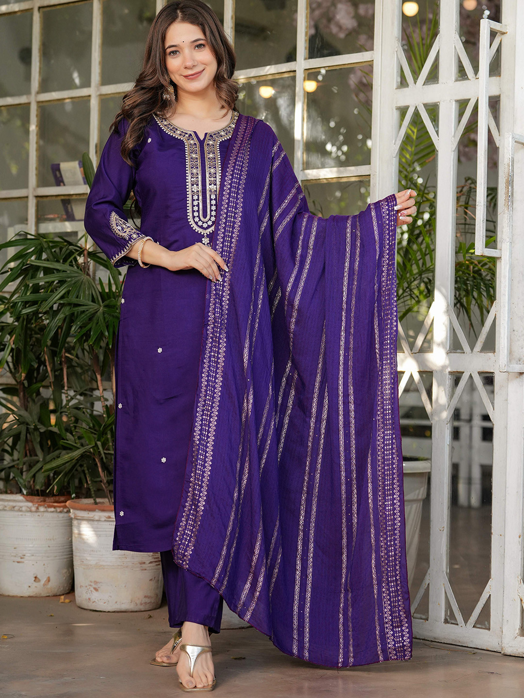 

Vintro Women Embroidered Regular Sequinned Chanderi Silk Kurta with Trousers & With Dupatta, Purple