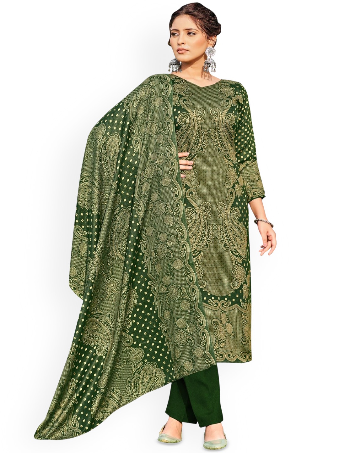 

DRAVINAM Trends Ethnic Motifs Printed Unstitched Dress Material, Green