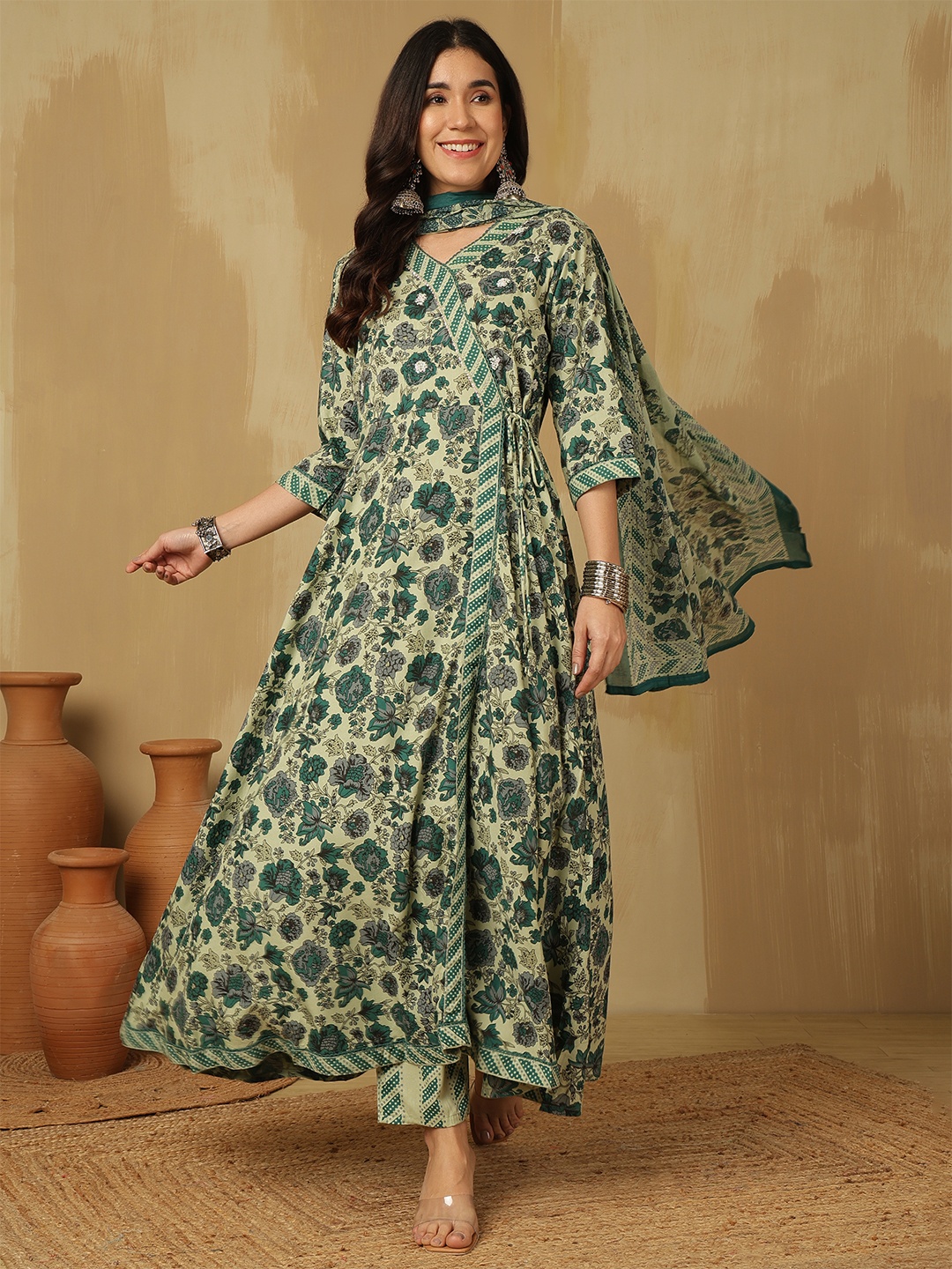 

Sangria Printed Anarkali Kurta With Trousers & Dupatta, Green