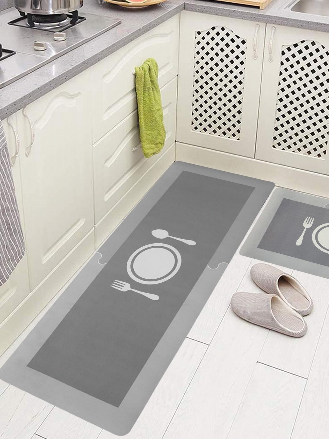 

Favria Grey & White 2 Pieces Printed Anti-Skid Kitchen Mats