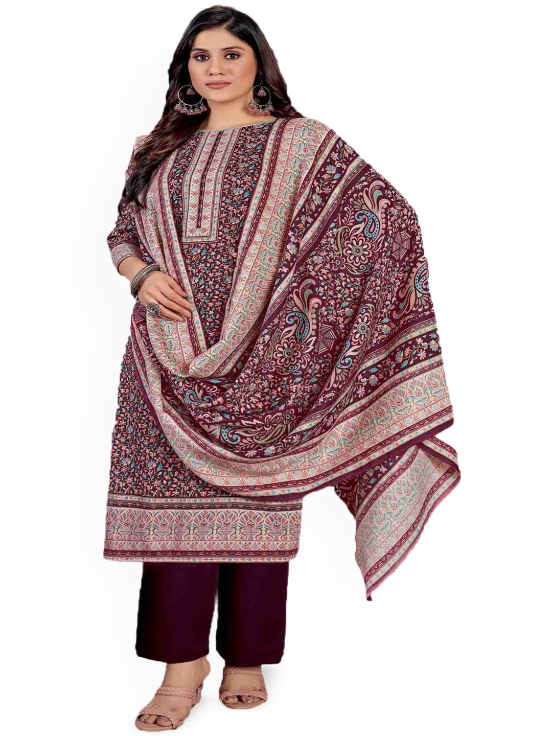 

DRAVINAM Trends Floral Printed Pashmina Unstitched Dress Material, Maroon