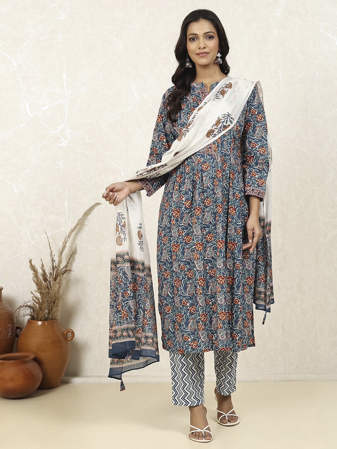 

Biba Ethnic Motifs Printed Pure Cotton Unstitched Dress Material, Blue