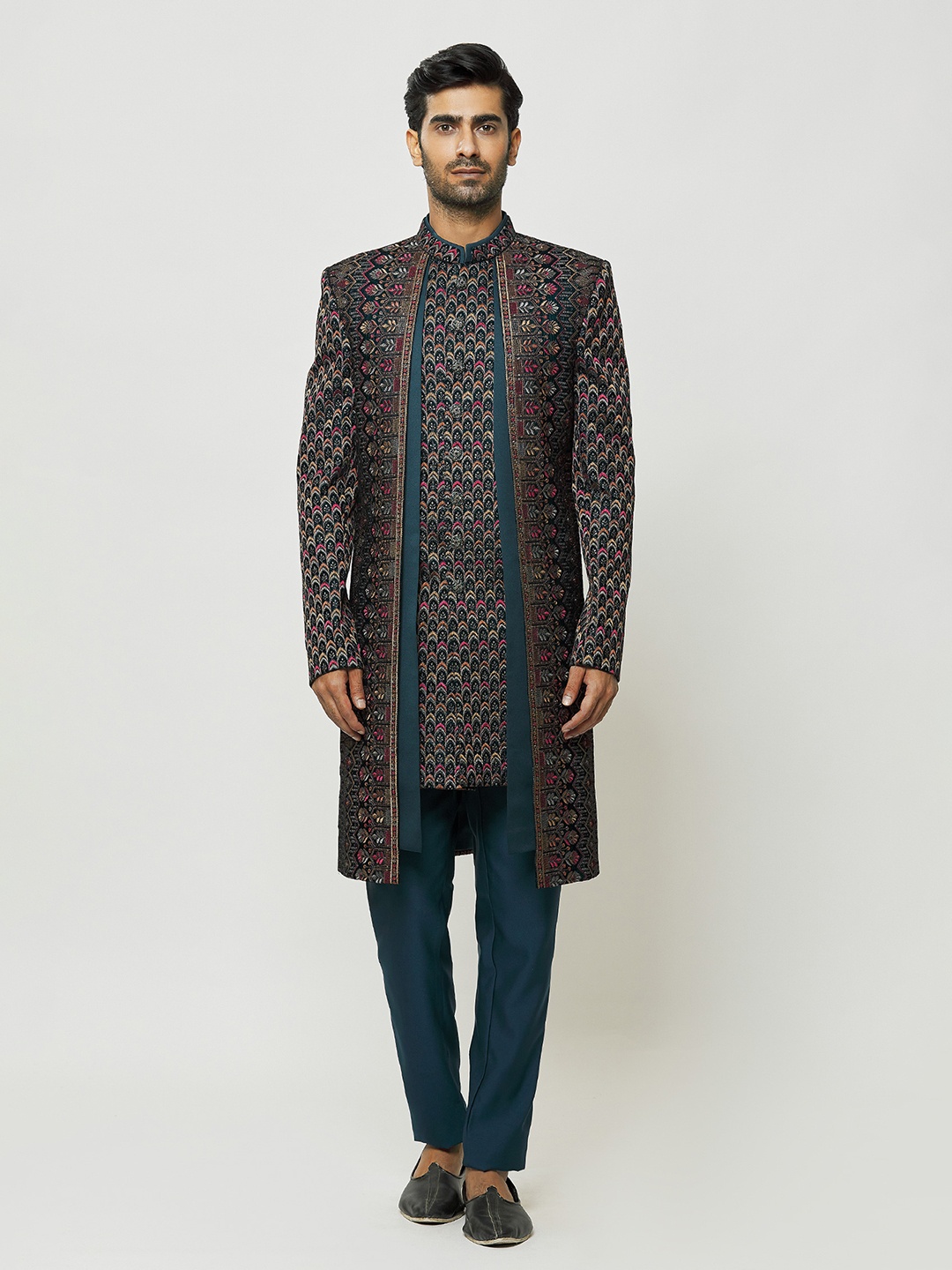 

Aryavir Malhotra Embroidered Velvet Sherwani, Green