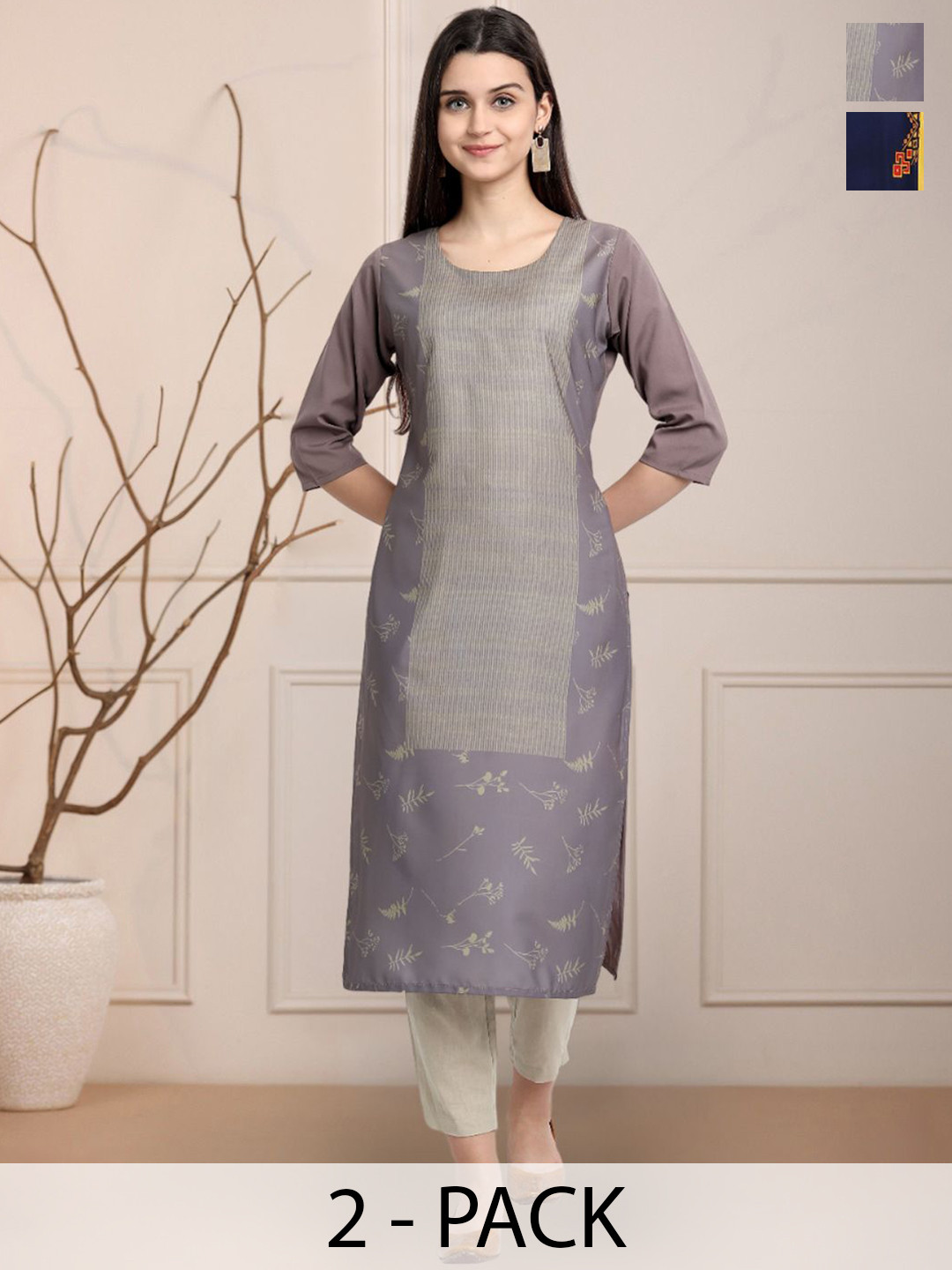 

Moda Rapido Grey & Navy Blue Selection Of 2 Floral Printed Straight Kurtas