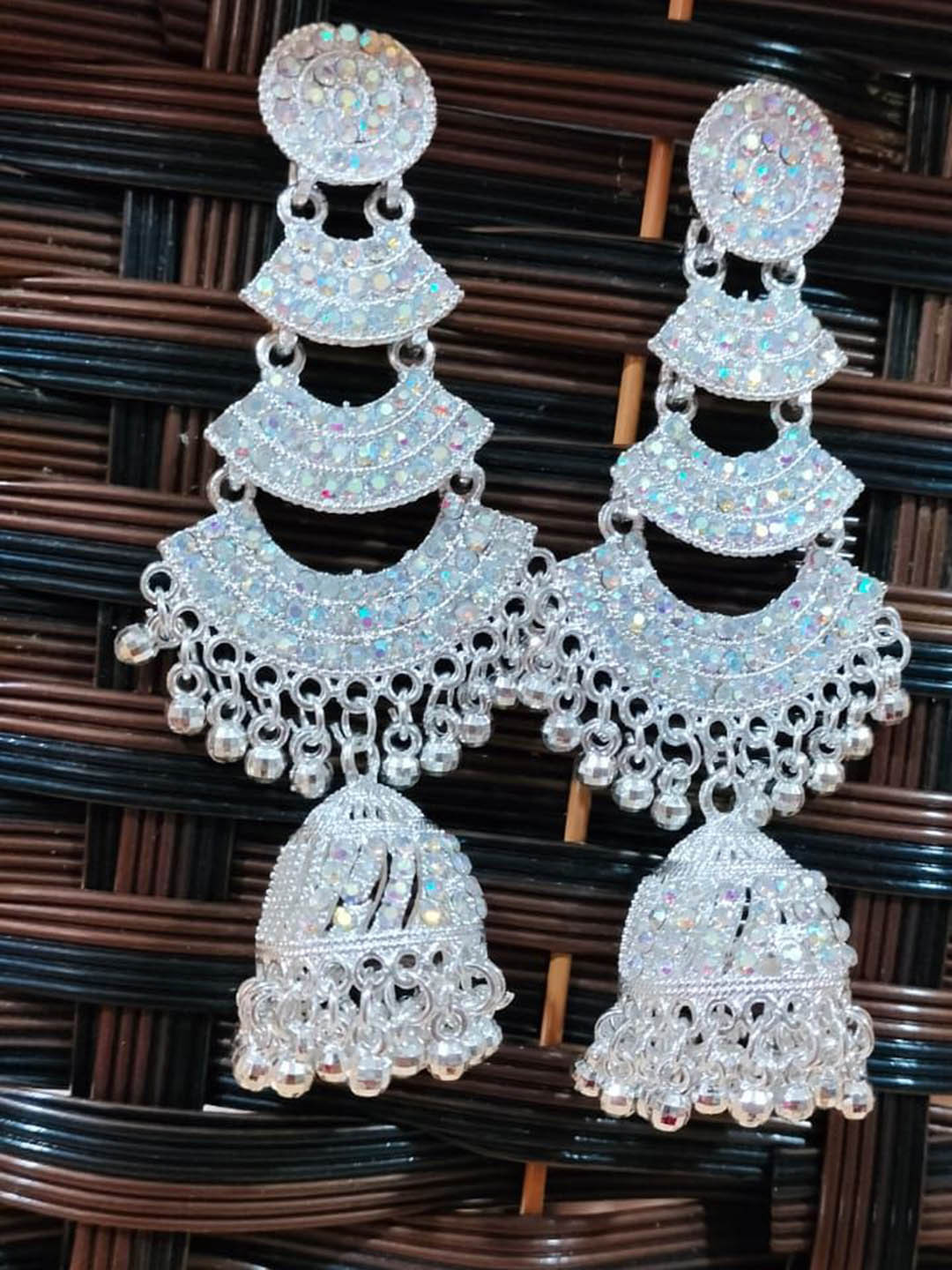 

JMBW INTERNATIONAL Silver-Plated Dome Shaped Artificial Beads Chandbali Earrings