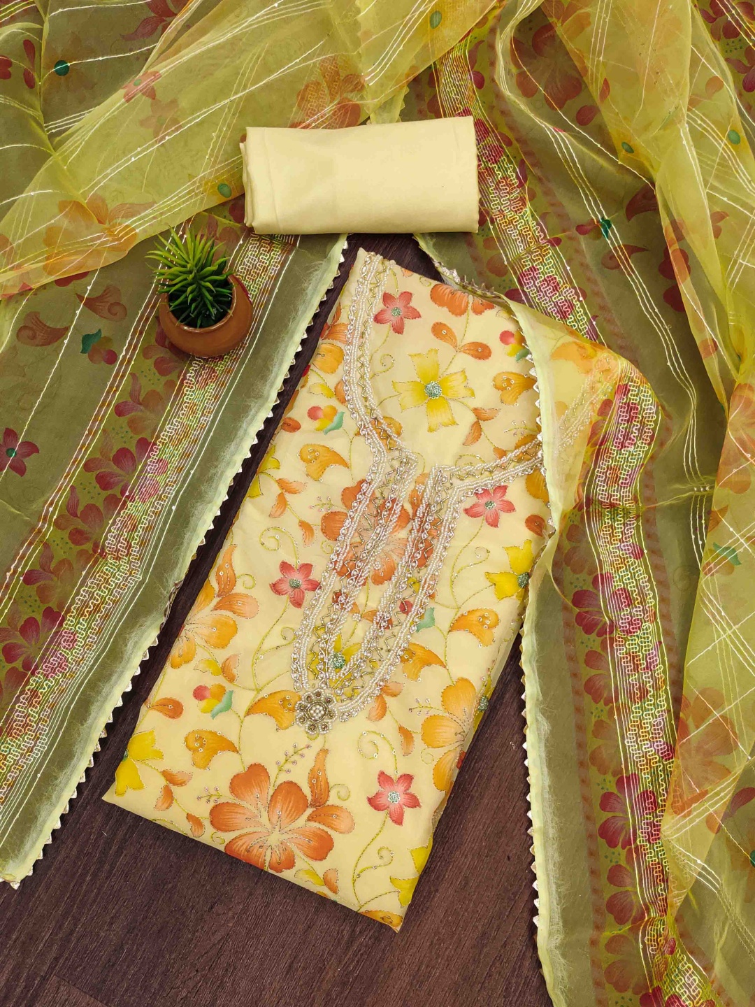 

KALINI Embellished Organza Unstitched Dress Material, Yellow