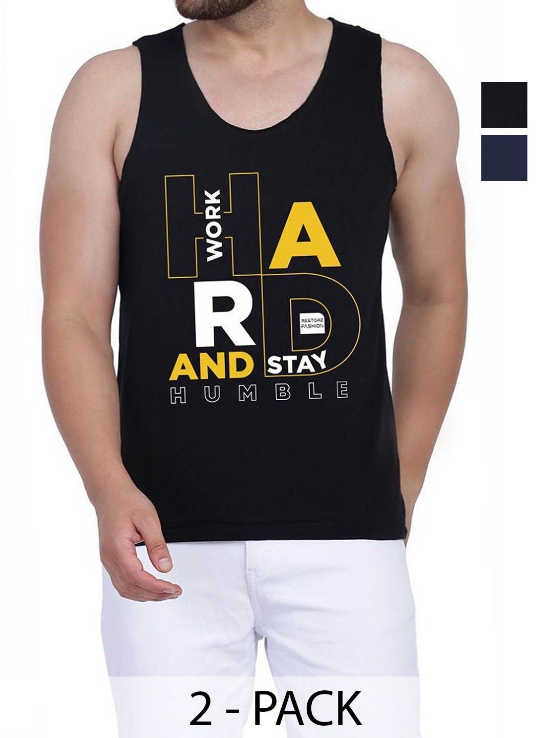 

WOOSTRO Men Pack Of 2 Typography Printed Round Neck Cotton Slim Fit T-shirts, Black