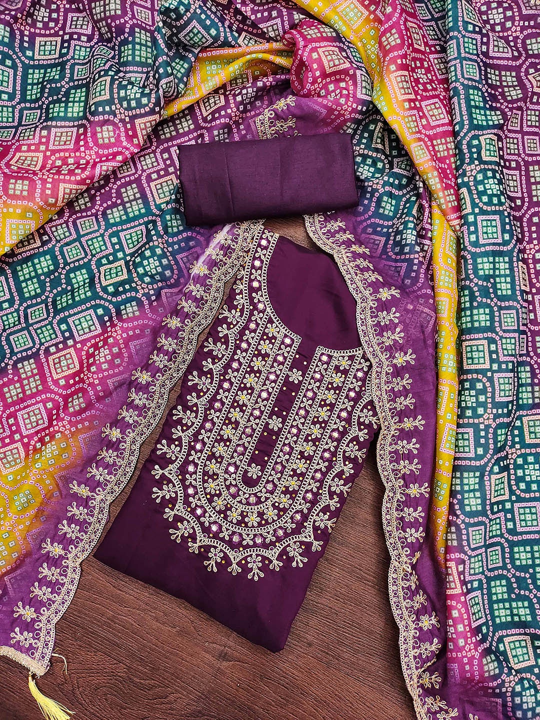 

KALINI Embroidered Pure Silk Unstitched Dress Material, Purple