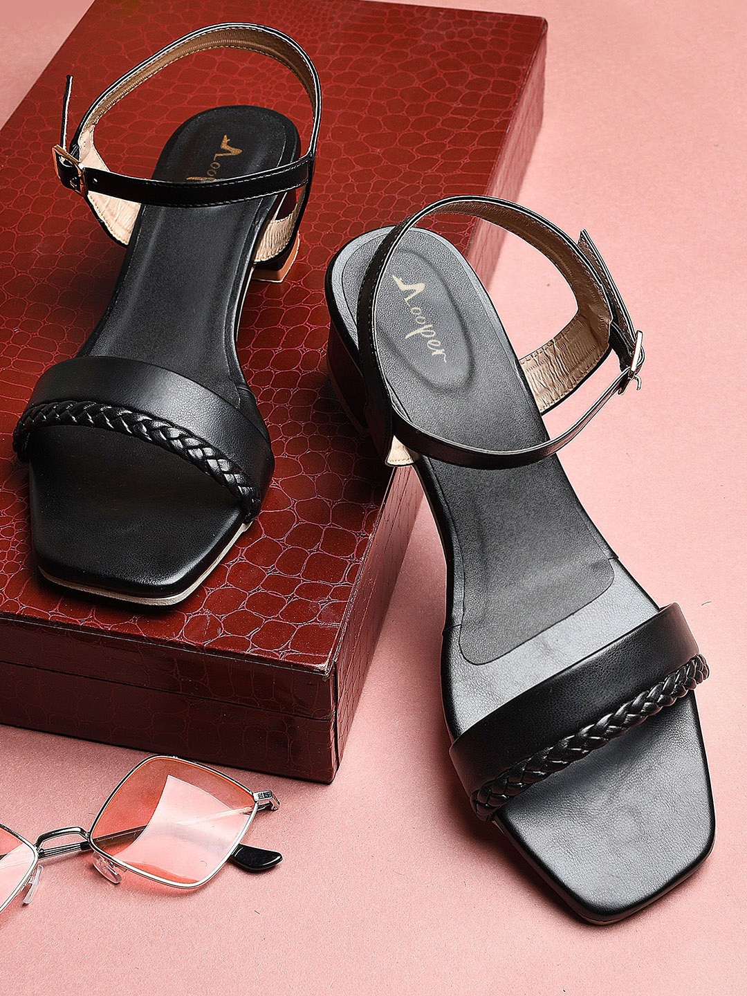 

Looper Women Ankle Strap Sandal with braid detailing, Black