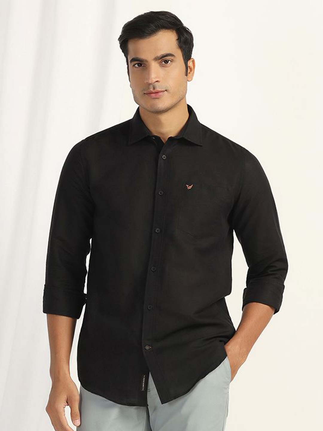 

Blackberrys Men India Slim Fit Spread Collar Solid Linen Casual Shirt, Black