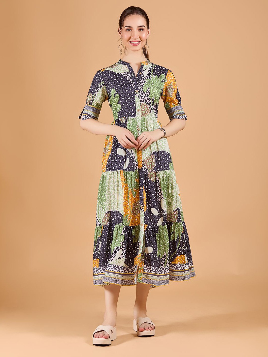 

DressBerry Ethnic Motifs Print Fit & Flare Midi Dress, Green